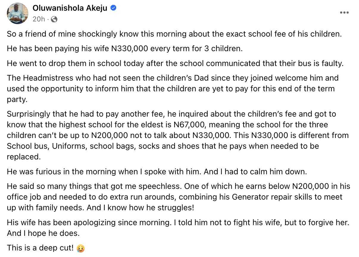 Man who gives wife N330K for kids' school fees discovers it cost below N200K